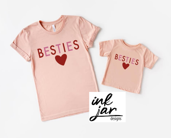 BESTIES with heart in red/pink Screen Print Youth/Adult